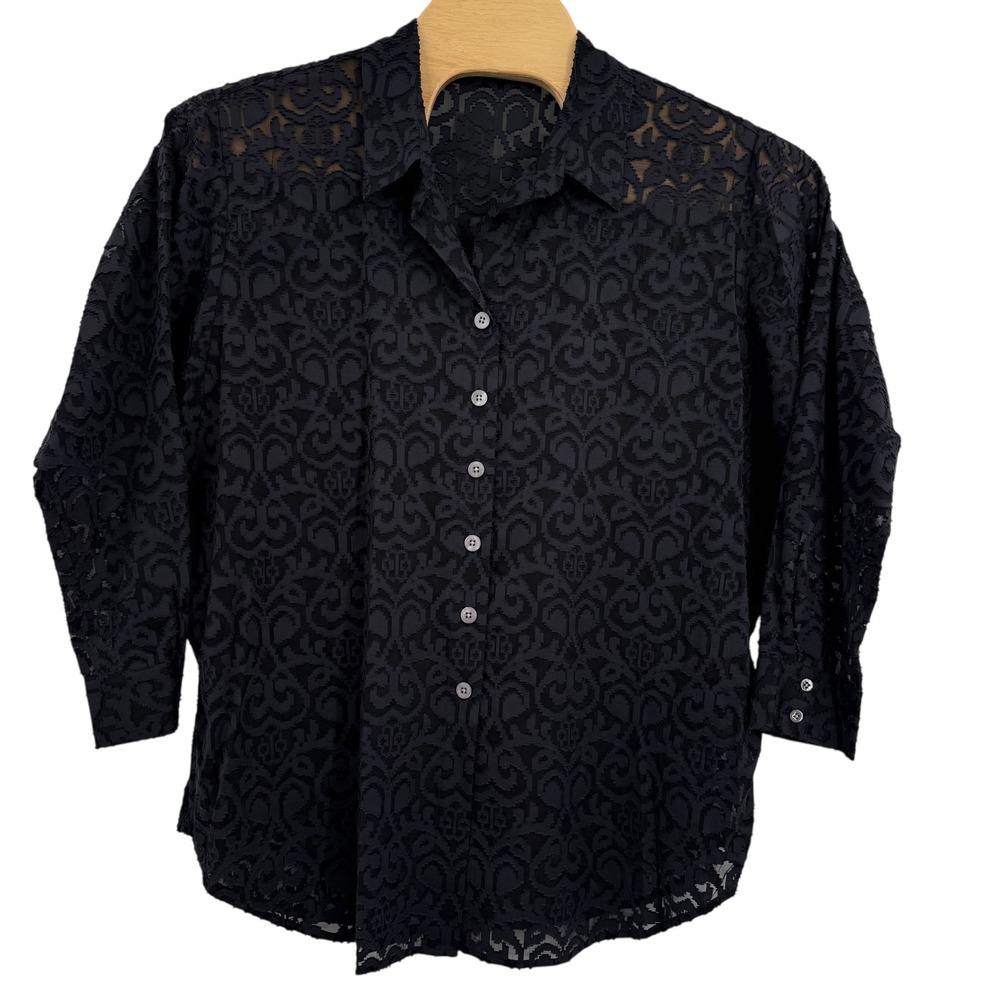 Go Silk Woman Black Lace Button Down‎ 3/4 Sleeve Top Blouse Size 2X